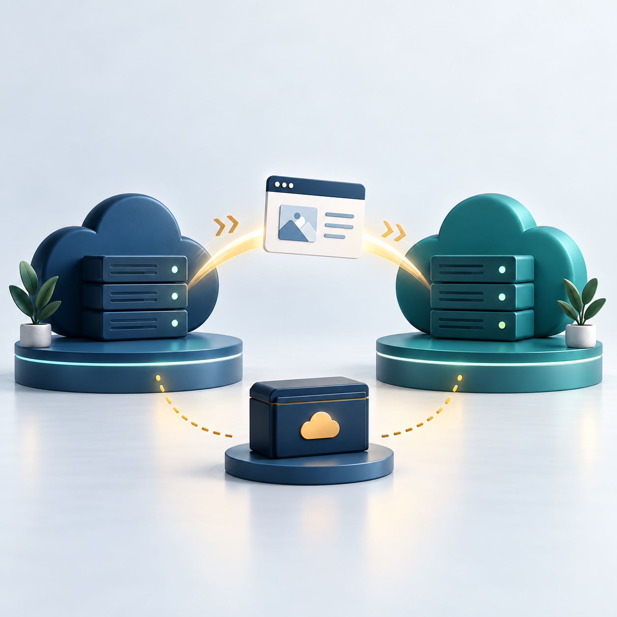 Ilustrasi situs web yang berpindah di antara dua lingkungan cloud hosting dengan cadangan terpisah.