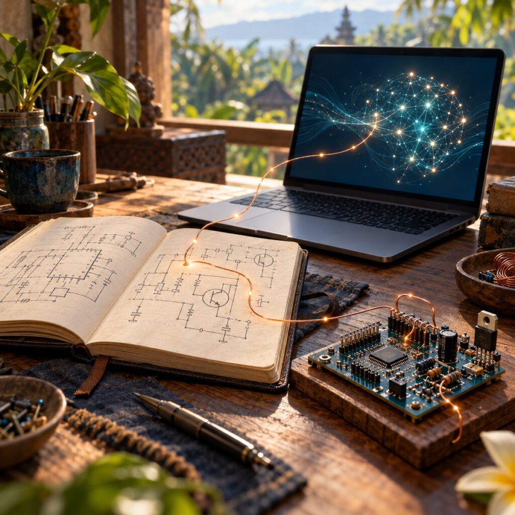 Buku catatan teknik yang terbuka, papan sirkuit, dan laptop yang dihubungkan oleh garis tembaga yang bercahaya, mengilustrasikan pengetahuan teknis manusia bersama AI.