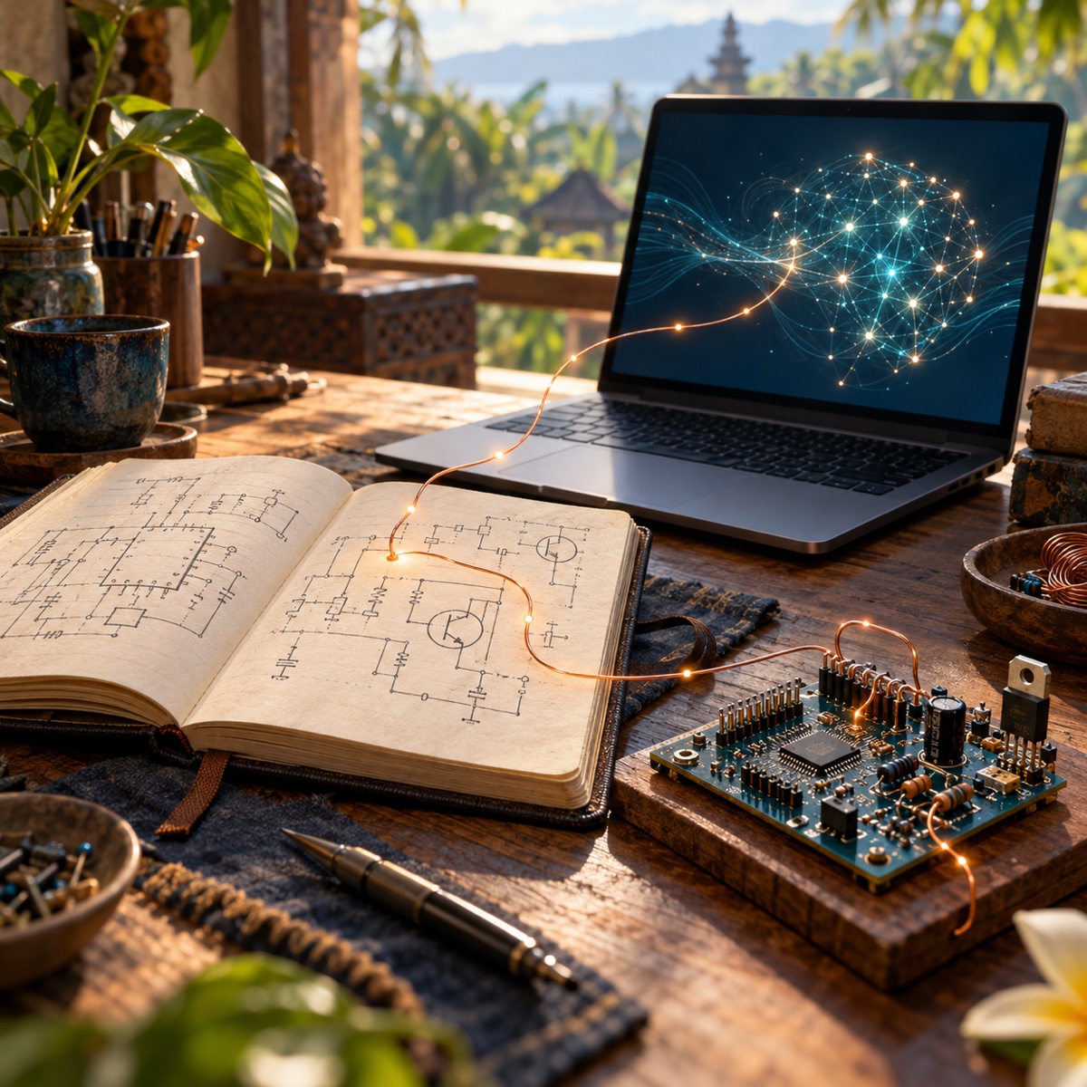 Buku catatan teknik yang terbuka, papan sirkuit, dan laptop yang dihubungkan oleh garis tembaga yang bercahaya, mengilustrasikan pengetahuan teknis manusia bersama AI.